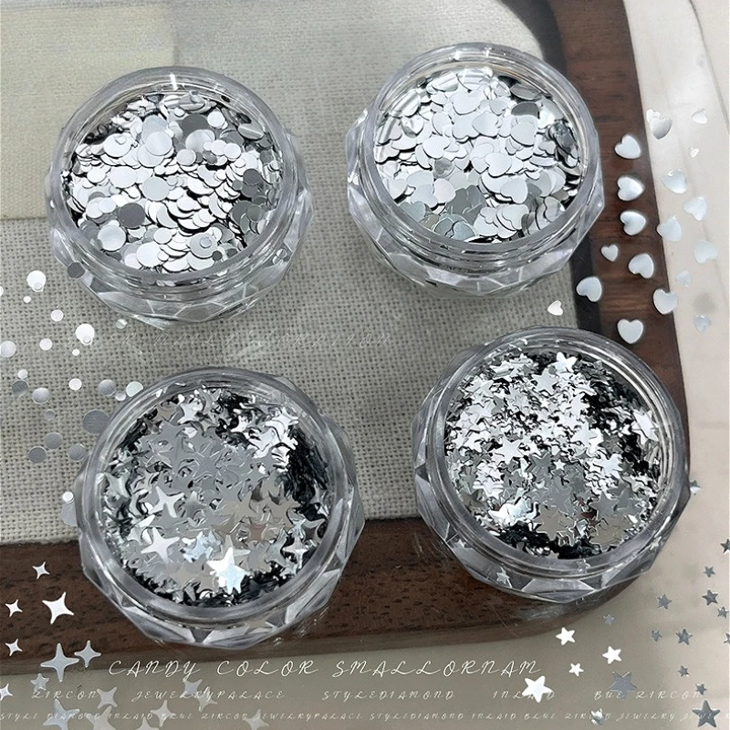 Silver Glitter Powder Sequin Geometric Heart Round Star Nail Art Shiny Accessories Decorations Manicure Tool