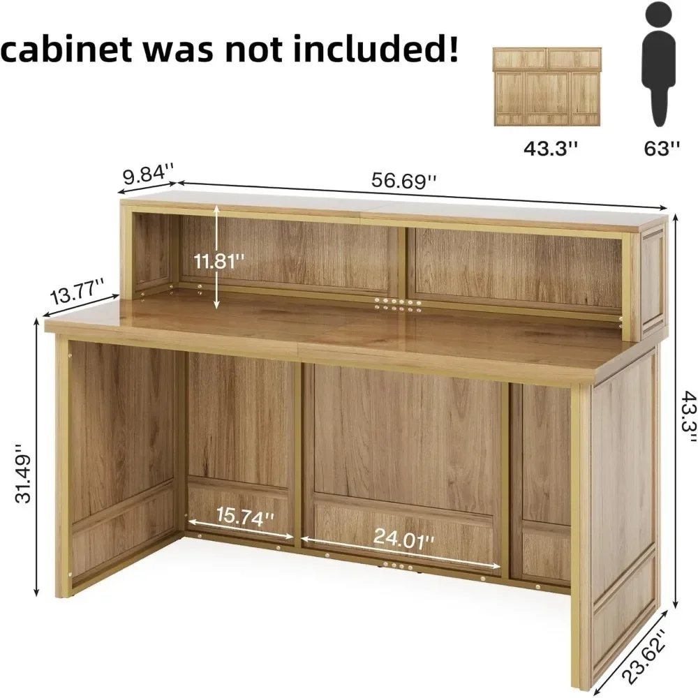 Reception Desk with Counter, 57-Inch Rustic Front Desk Receptionist Table, Boho Welcome Checkout Counter for Office