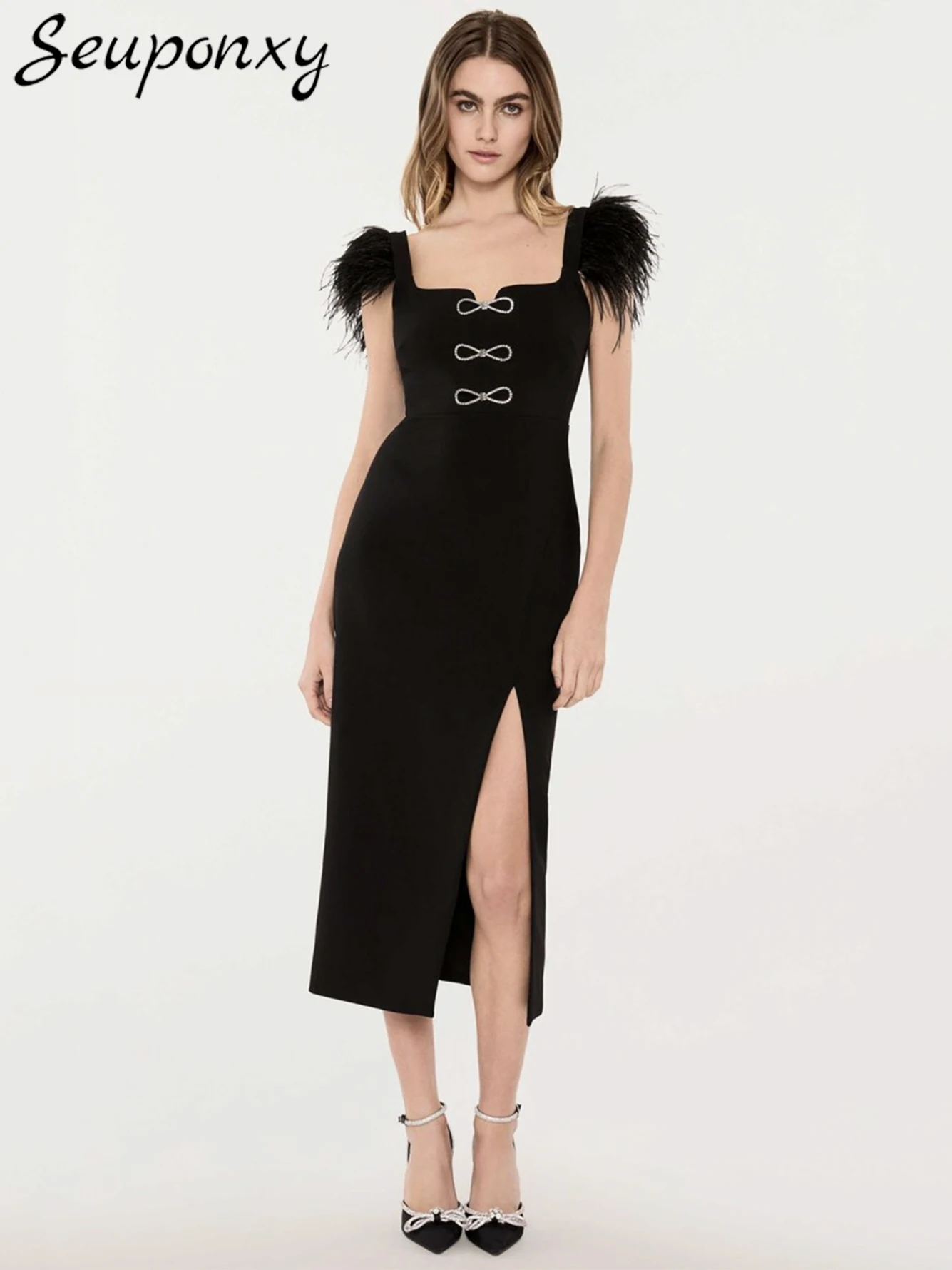 

Женское Бандажное платье, белое платье с квадратным вырезом, коротким рукавом, перьями, бантом и разрезом, вечернее платье знаменитости, лето