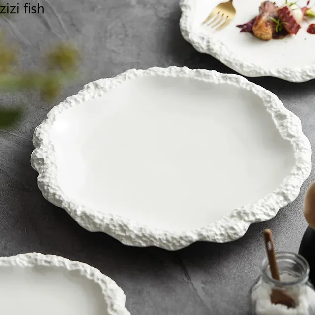 Stoviglie semplici in tinta unita piatto da bistecca in ceramica per Pasta piatto da pranzo cucina creativa vassoio da portata di forma irregolare piatti da cucina 4