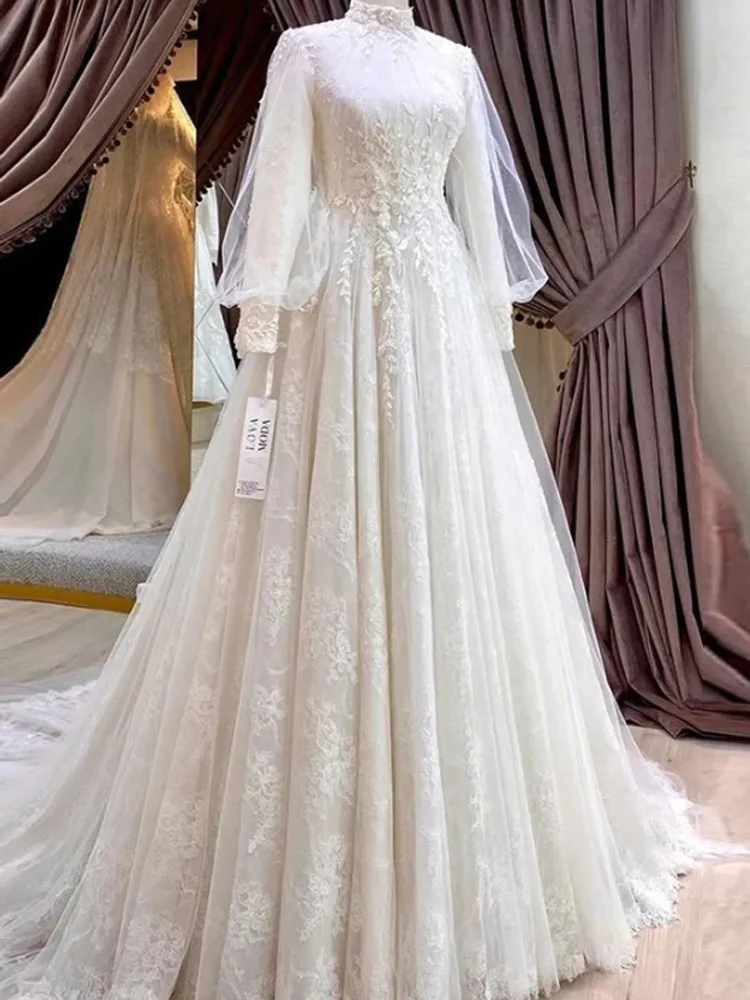 

Luxury Muslim Wedding Dresses for Woman High Neck Long Sleeves Lace Appliques Formal Bridal Gown Classic vestido de noiva
