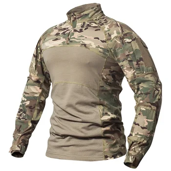 Camicia Tattica Mimetica da Uomo in Cotone Elasticizzato con Zip 1/4, Maglietta Uniforme a Maniche Lunghe Camo
