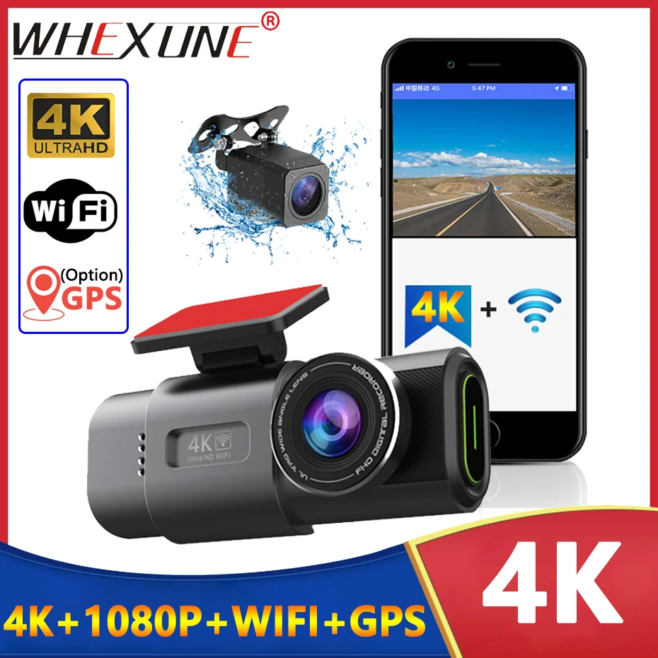 

4K Dash Cam Dual Lens Ultra HD 2160P Car DVR Camera WIFI GPS Rear View Night Vision WDR Video Recorder 24H Parking Black Box