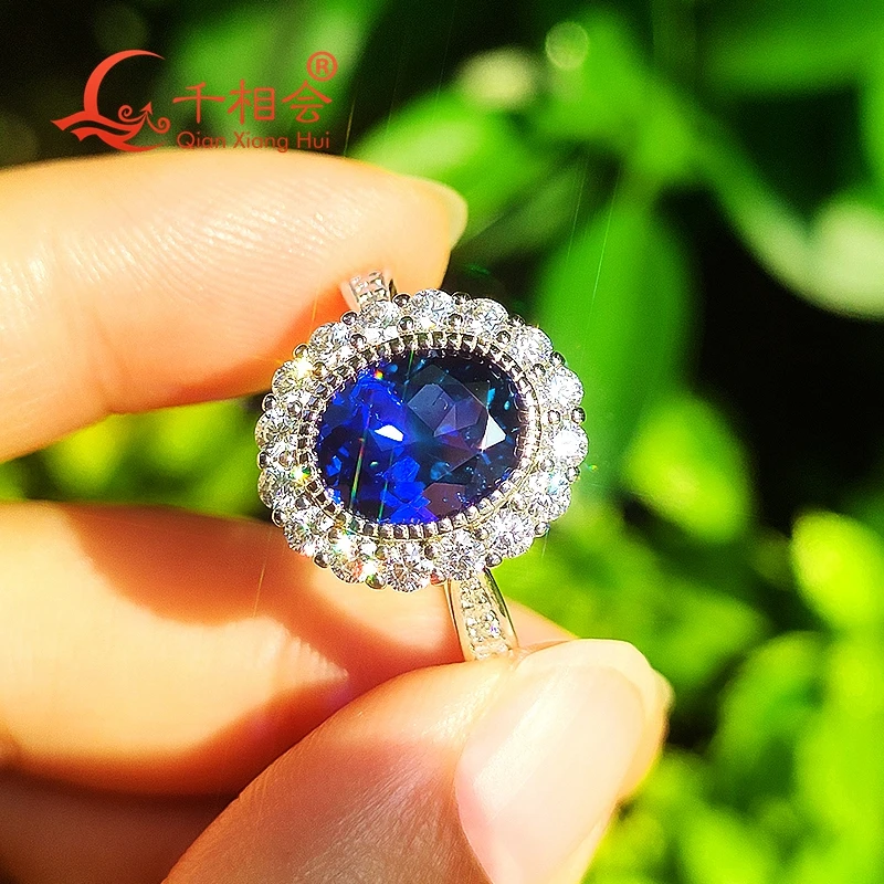 8x10mm oval sapphire stone with small white Moissanite Ring Silver 925  Wedding Engagement Ring Women gift