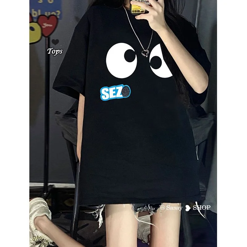 

Positive shoulder T-shirt short sleeve women's new design sense niche Korean chic lazy couple half sleeve top