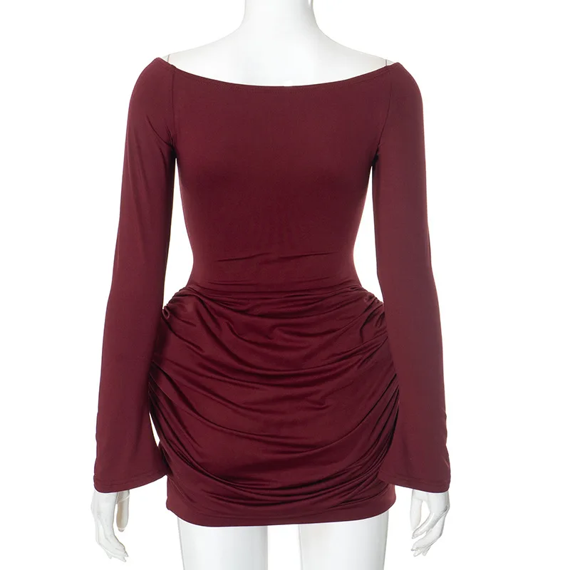 Sexy Pleated Fashion Mini Dress Women's Off-Shoulder High Waist Elegant Long Sleeve Party Dress Female Solid Bodycon Dress
