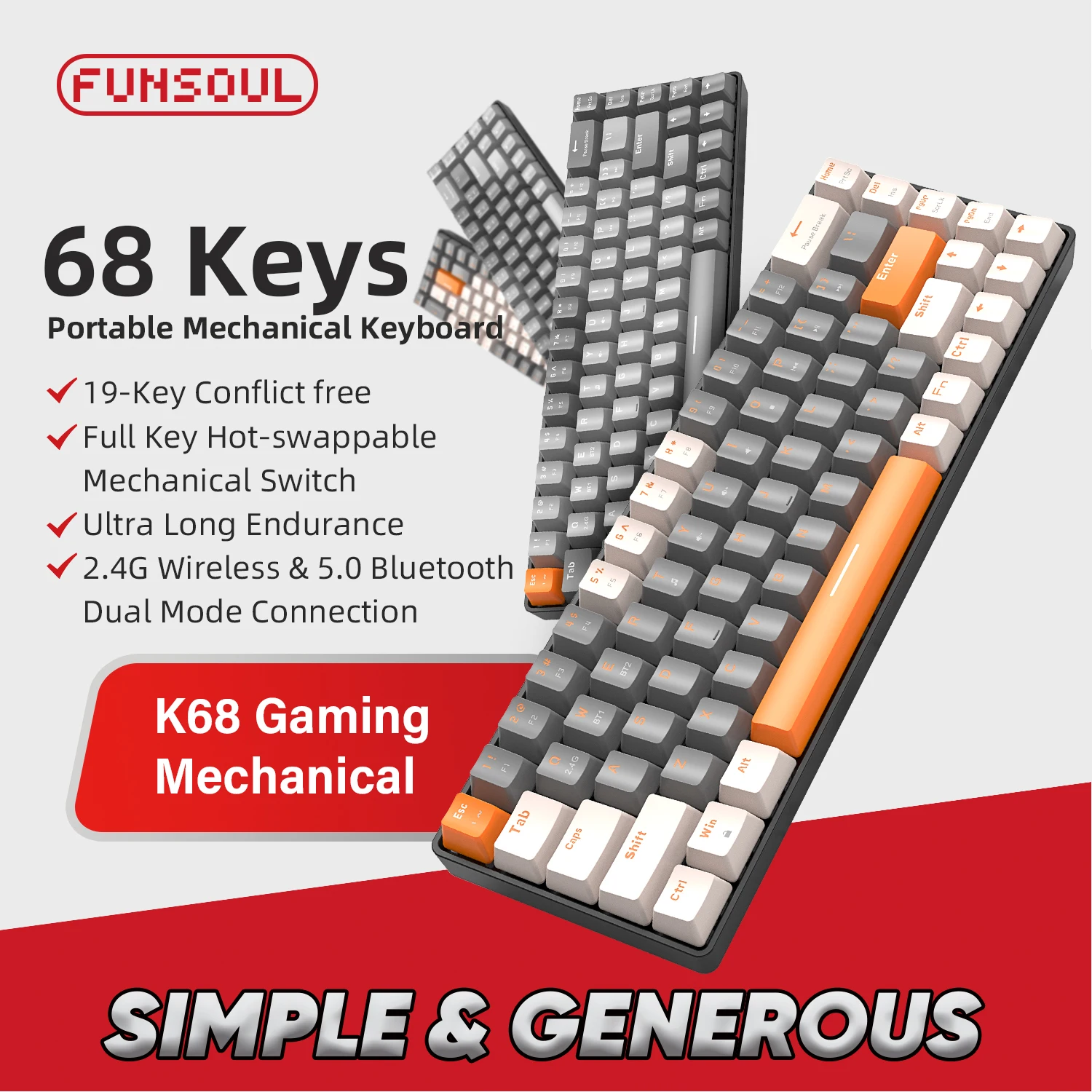 K68KeyboardGamingMechanicalKeyboard24GWirelessBTBluetooth