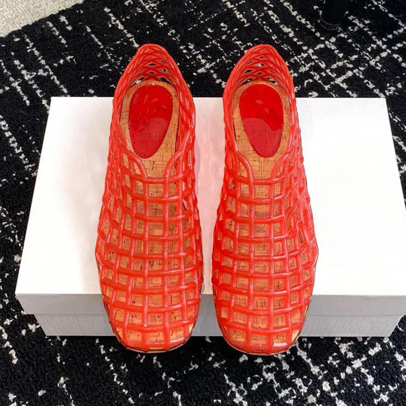 Summer Fashion Plastic Jellies Single Shoes Women Woven Mesh Ballet Flats Sandals Round Toe Transparent Hollow Design Beach Shoe