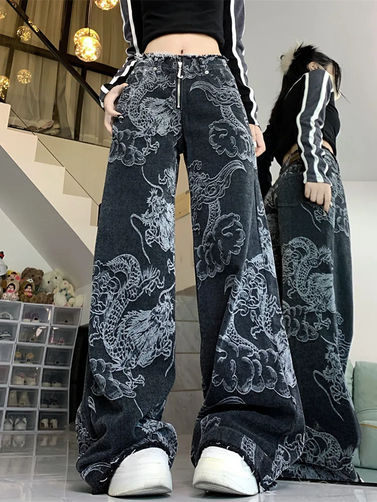 2023 cyber y2k Streetwear Drachen druck schwarz baggy weites Bein Jeans Hose für Frauen 90er Jahre Kleidung Vintage Dame gerade Hose – Detail 4