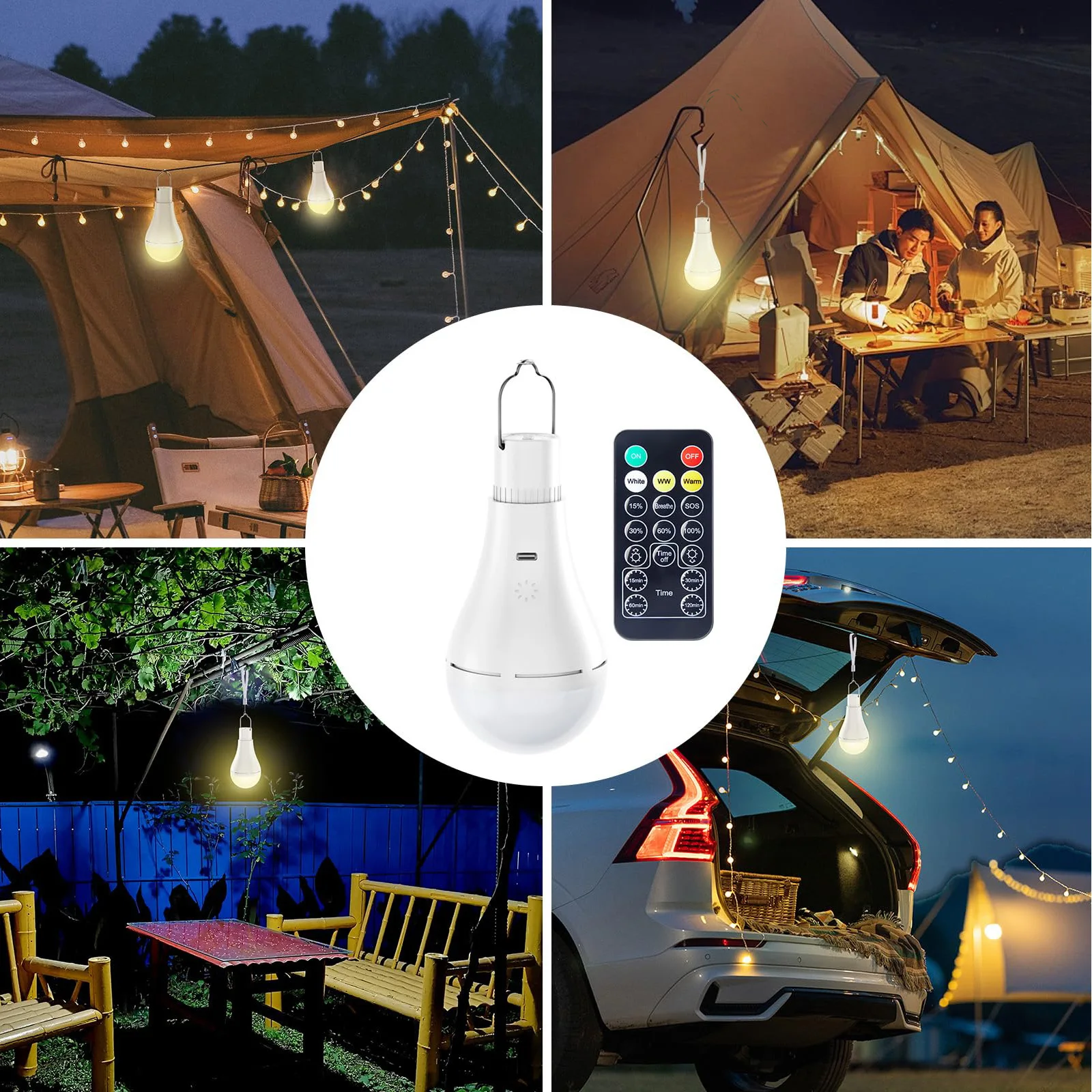 E27 Rechargeable Light Bulb with Remote and Timer Battery Backup Bulb Hanging with Hook for Camping Dimmable 3 Color Temperature