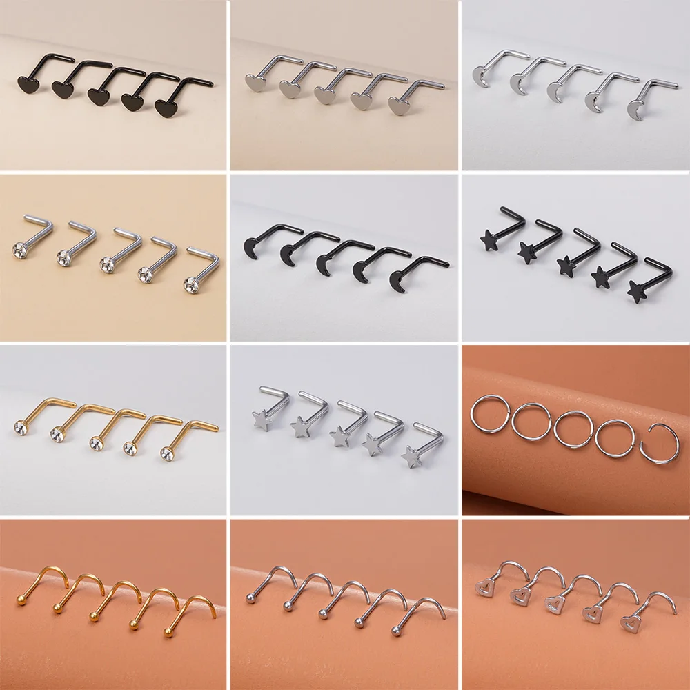 Anillos Para Nariz - Pack De 9 - Acero Inoxidable - Varios Diseños (Corazón, Pluma, Etc)