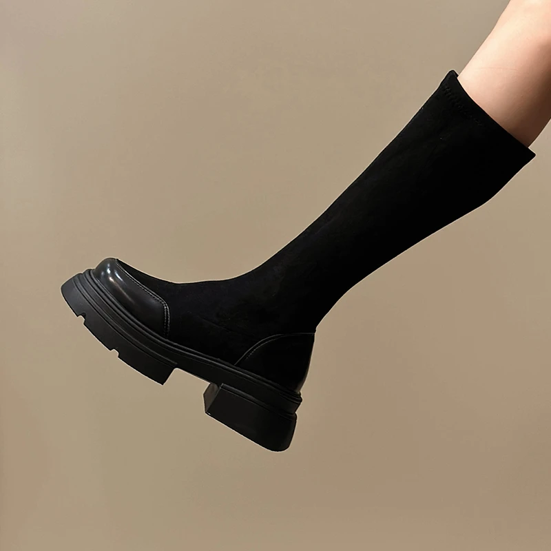 

Shoes Boots Socks Heels Round Toe Boots-Women Rock Stockings Low Rubber Ladies Over-the-Knee Lolita 2023 Autumn Slip-On Fabric