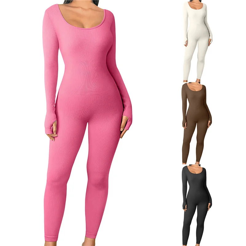 

Women’s Fit Jumpsuit, Long Sleeve Scoop Neck Solid Color Bodycon Romper Pants, 4 Colors, S/M/L/XL