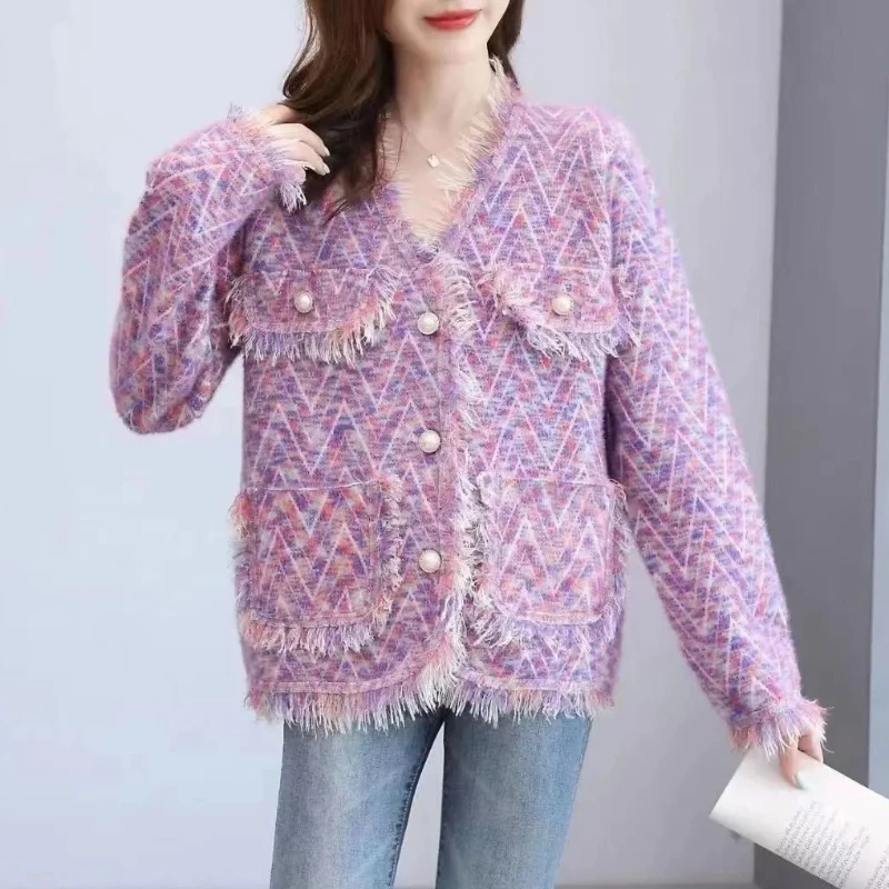 2023 Autumn Winter New Women Imitation Mink Fur Short Coat Temperament Slim Fit V-neck Knitted Cardigan Fashion Casual Outwear