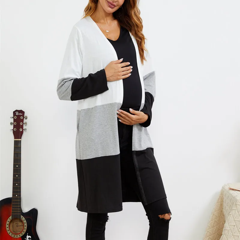 Autumn Winter Casual Striped Knitted Maternity Long Casual Coat Oversize Loose Straight Clothes for Pregnant Women Pregnancy
