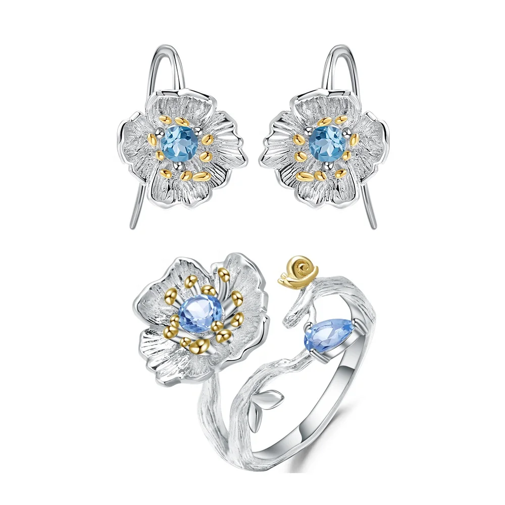 

C7772 Abiding Dainty Swiss Blue Topaz 925 Sterling Silver Flower Jewelry Set Adjustable Ring Fish Hook Earrings