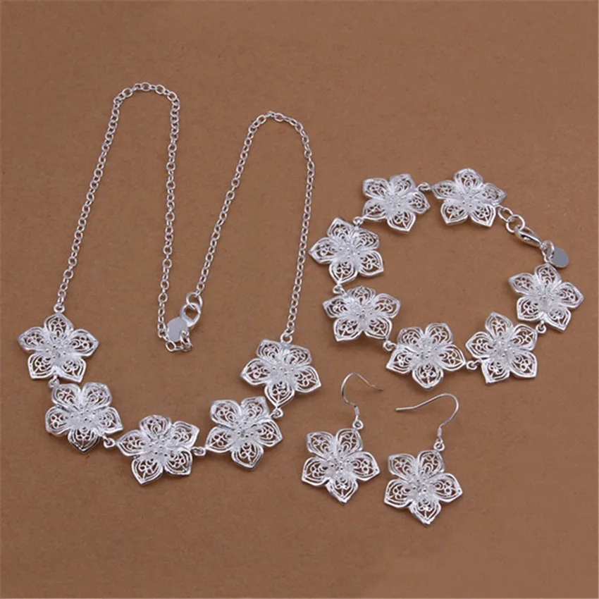 

925 Stamped silver Women lady wedding jewelry elegance flower necklace bracelets Earrings fashion Set 45CM 20CM