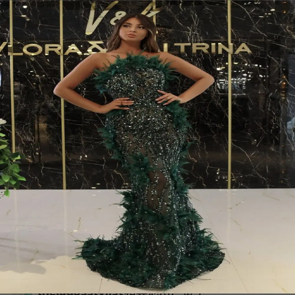 

2023 Women's Summer Long Dress Green Embroidered Flares Gauze Splicing Feathers Decoration Feminino Elegant Evening Party Gown