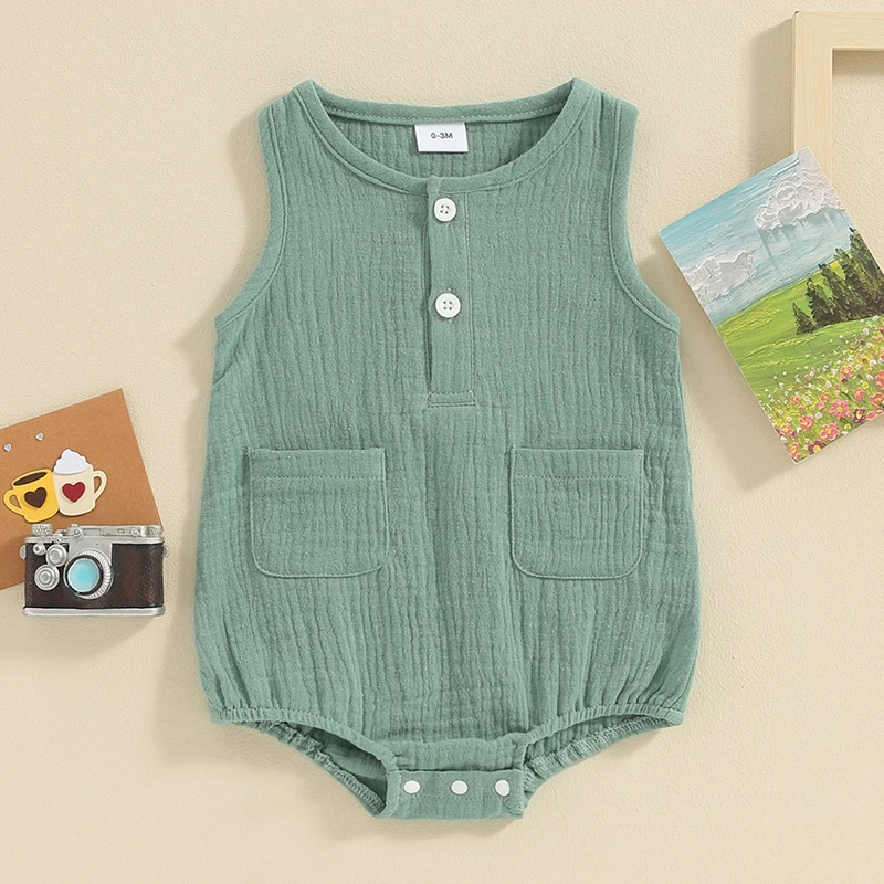 

Tregren 0-18M Newborn Baby Romper Infant Boys Girls Round Neck Sleeveless Button Down Solid Color Jumpsuit Summer Casual Clothes