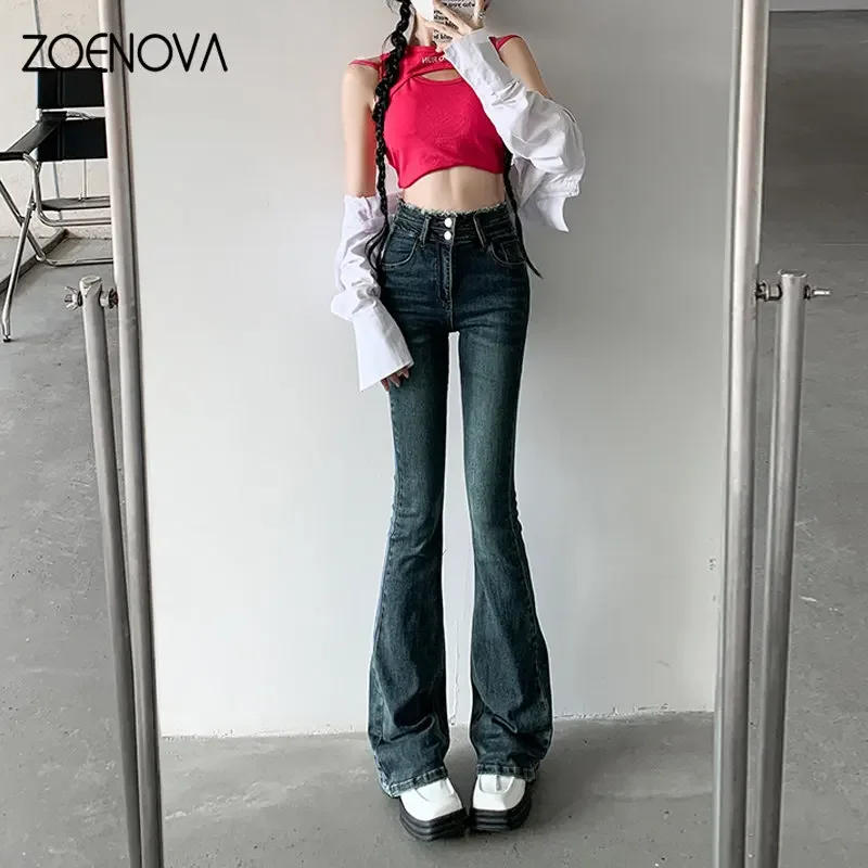 

ZOENOVA Women High Waist Slim Flare Jeans Raw Edge Design Retro Casual Street Style Pantalones Vaqueros Mujer Y2k Baggy Pants