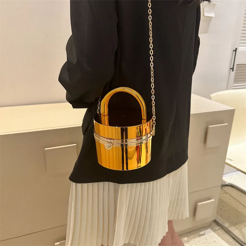 Shine Cylinder Bags for Women 2023 New Acrylic Fashion Luxury Handbag Chain Unusual Hard Party Evening Mirror Shoulder Bag Woman