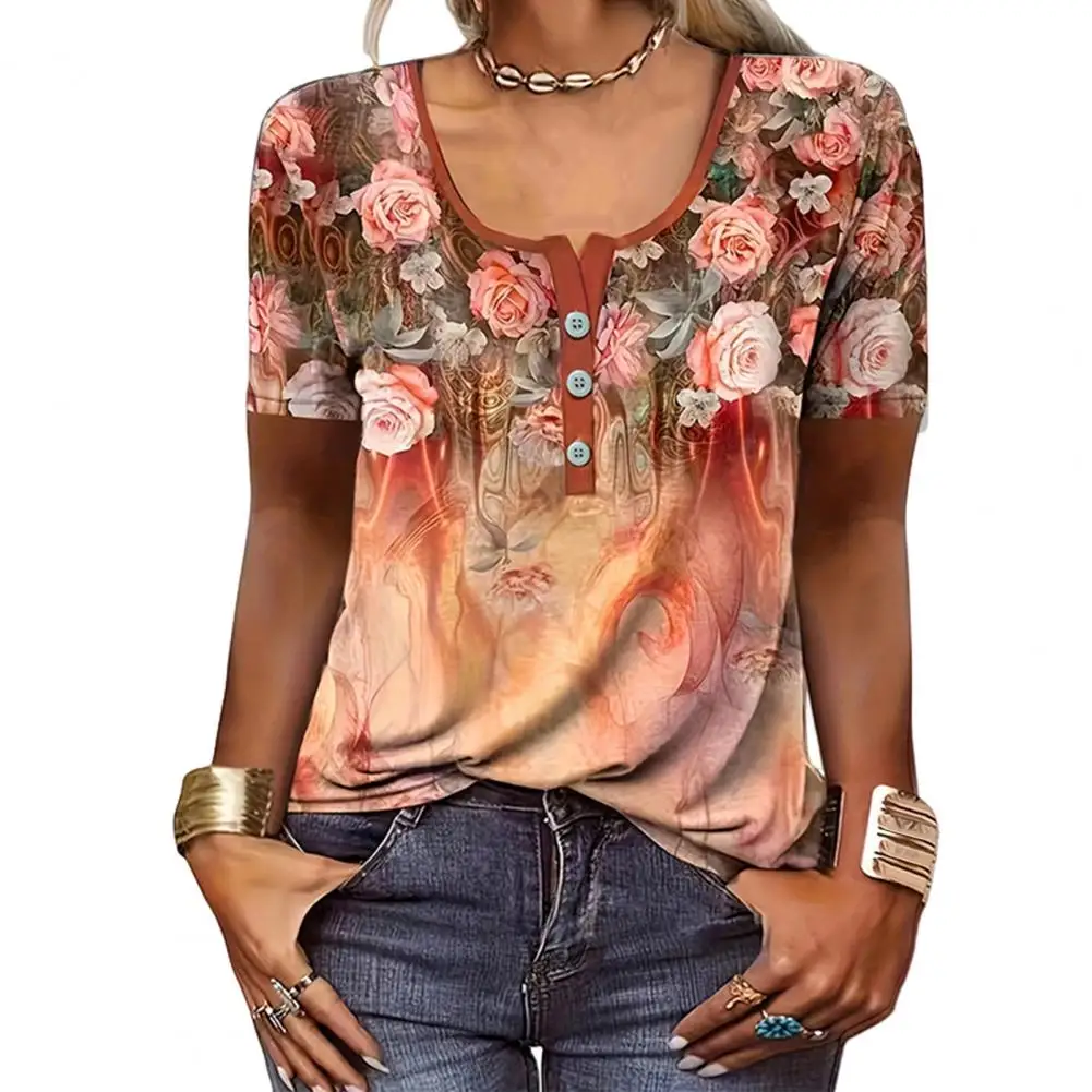 

Summer Women T-shirt O-neck Short Sleeve Tops Floral Print Blouse Loose Pullover Tops roupas feminina