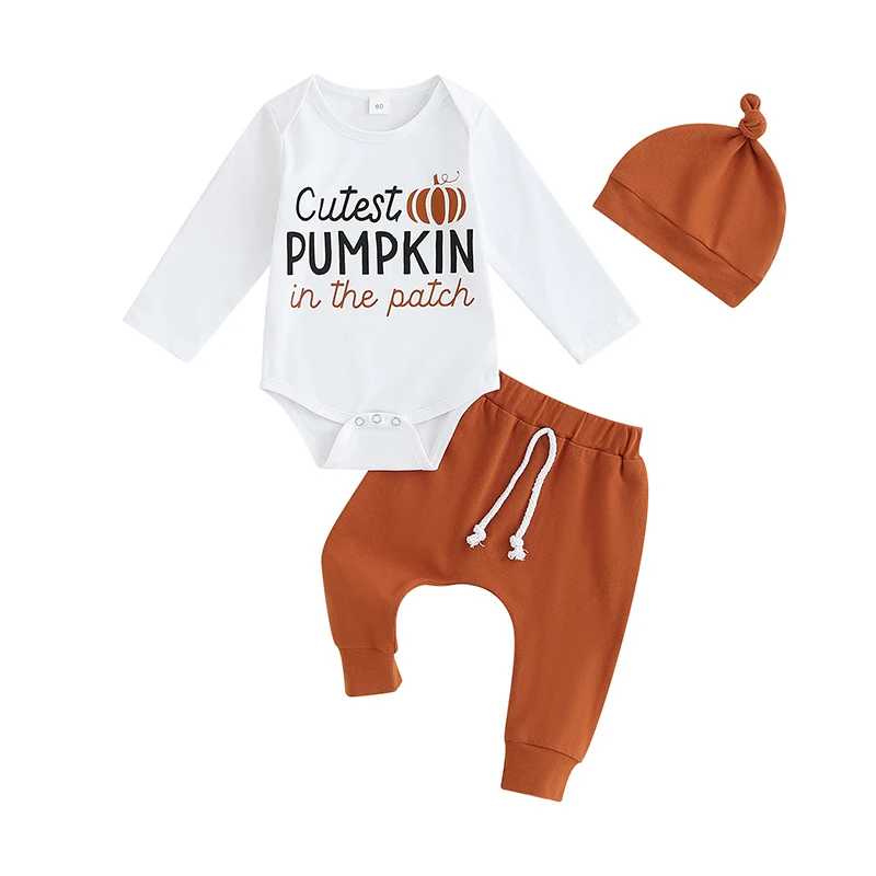 

Baby Boys Girls Halloween Outfits Long Sleeve Pumpkin Letter Print Romper + Pants + Hat Set Infant Clothes