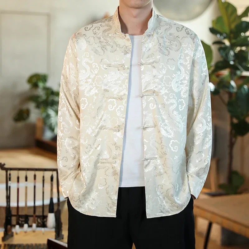 Men Chinese Style Shirt Men White Satin Mandarin Collar Silk Shirts Chinese Dress Large Size Dragon Red New Year Oversize