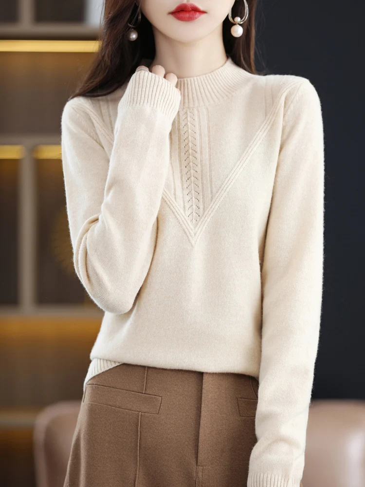 100% Merino Wool Women Sweaters Autumn Winter  Mock Neck Long Sleeve Pullover Soft Basic Bottoming Knitwear Female Clothing Tops