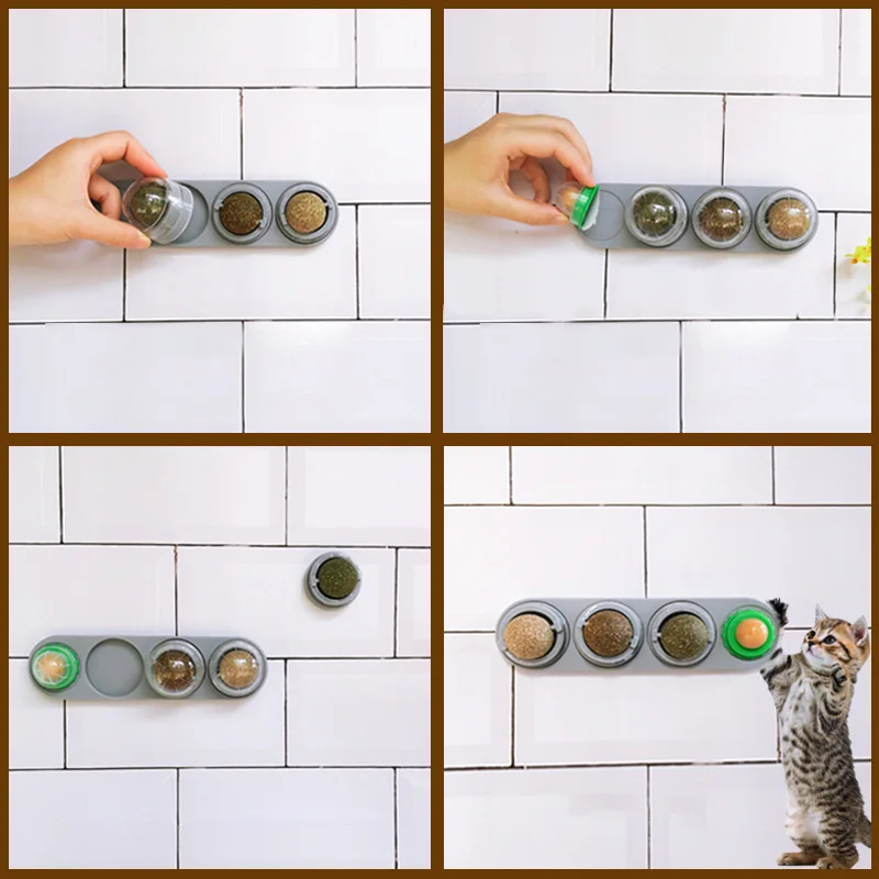 4pcs/set Catnip Ball Set Cat Treat Toys Snack Self-Adhesive Teeth Molar Catnip Ball Rotated Wall For Cat Mount Toy Natural Snack dog balls
