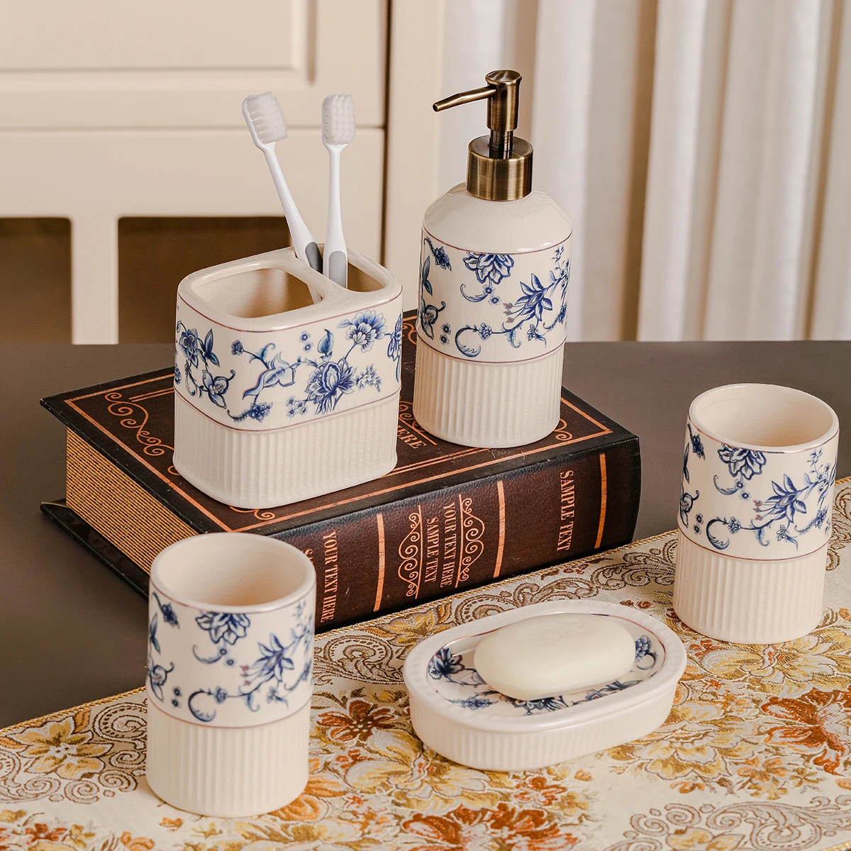 Ceramic Bathroom Toiletries Set 5-Piece Lotion Dispenser Soap Tray Mouthwash Cup Toothbrush Holder Bathroom Accessories Home Hotel Supplies Storage and Organization