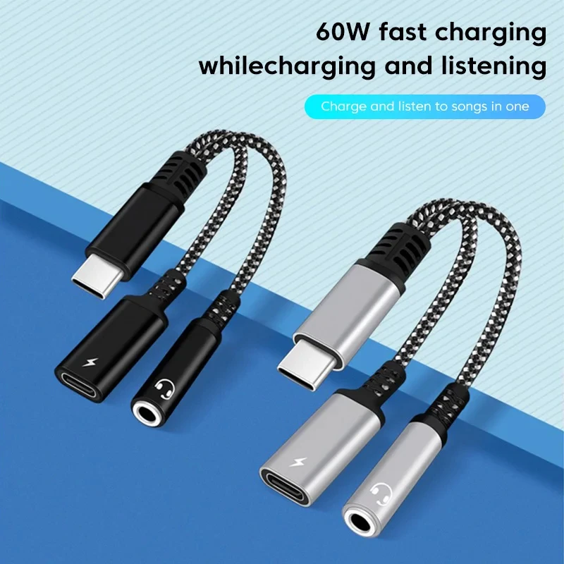 USB C Adapter 2 in 1 To 3.5mm AUX Audio Headphone Cable For Xiaomi Redmi Huawei Samsung OPPO Type C PD 30W Charging Braid