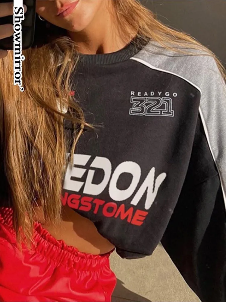

Racing Letter Printed Motorcycle Tops Sporty Mujer Round Neck Hoodie Y2k Girl Autumn Winter Clothes Color Loose CroppedTop