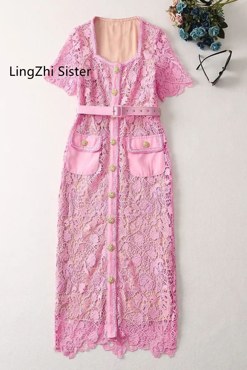 

Women Water Soluble Flower Lace Dress New Arrive 2023 Summer Slim Bud Dresses Square Collar Female Calf Length Vestidos Pink New