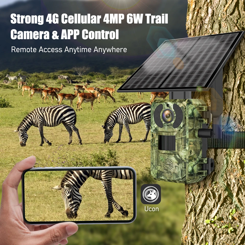 4G Sim Card LTE Cellular 4W Solar 7800mAh Battery Outdoor Hunting Trail Motion Activated Night Vision 4MP IP66 Wildlife Camera