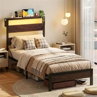 Twin Bed Frame with Storage Headboard and Charging Station, Walnut Platform Bed Frame with LED Light, Non-Slip Metal,Brown 2