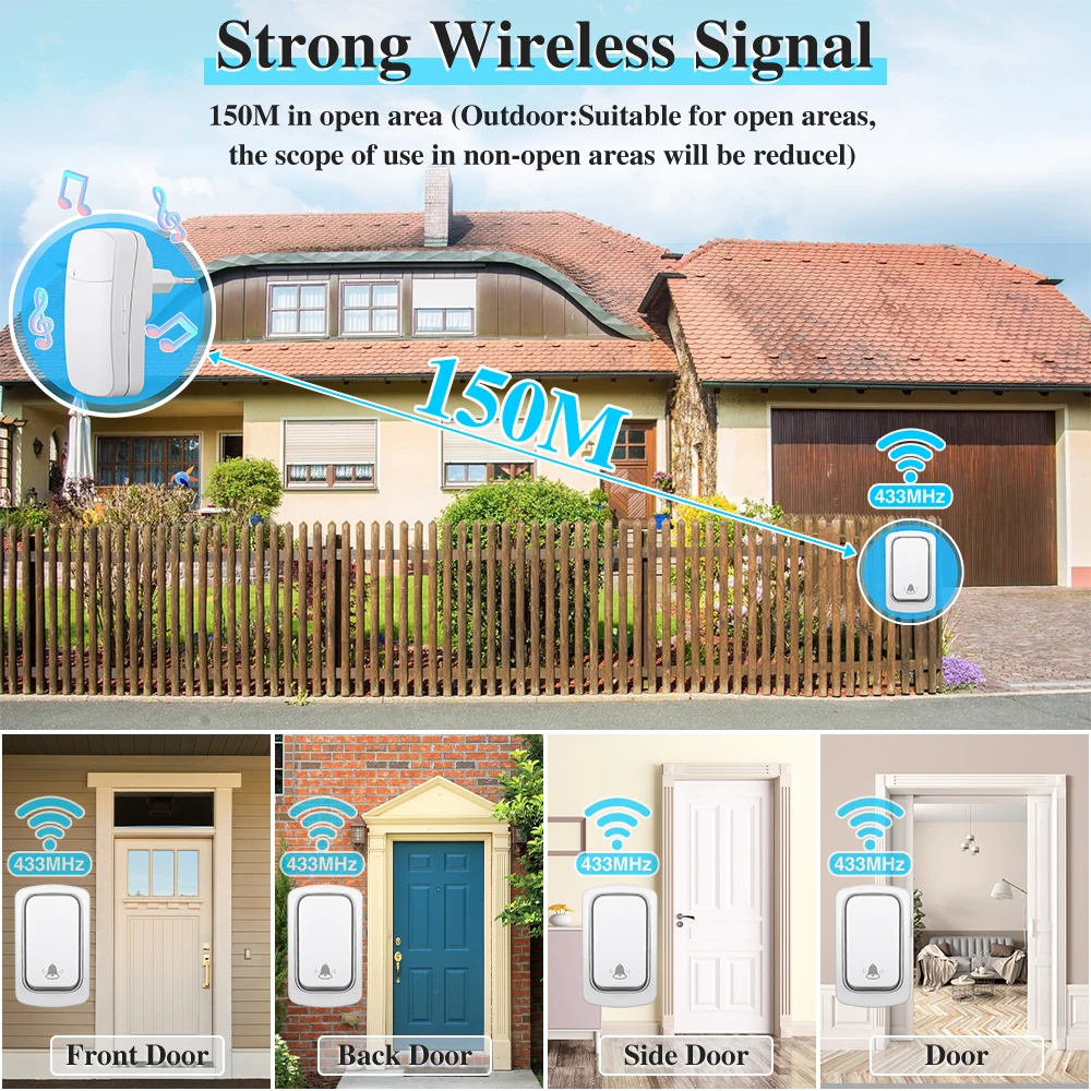 IsFriday Wireless Doorbell Without Batteries Waterproof Outdoor Kinetic Bell Self-powered Button Dog Doorbell Ring Chimes