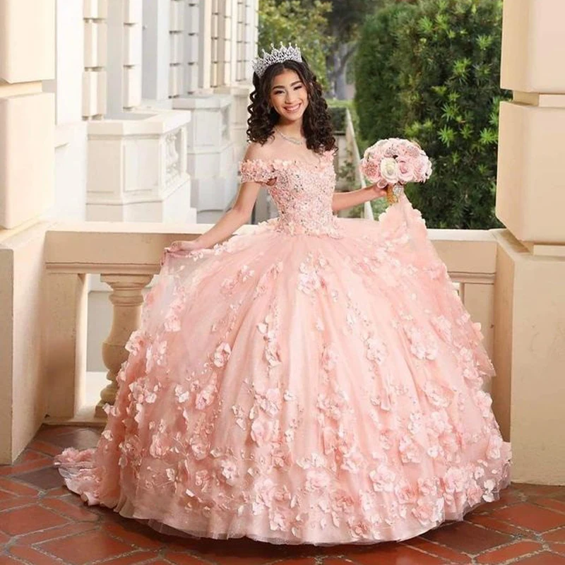 

Pink Sweetheart Ball Gowns Sweet 16 Quinceanera Dresses 3D Flowers Appliqued Debutante Pageant Gowns Vestidos De 15 Anos