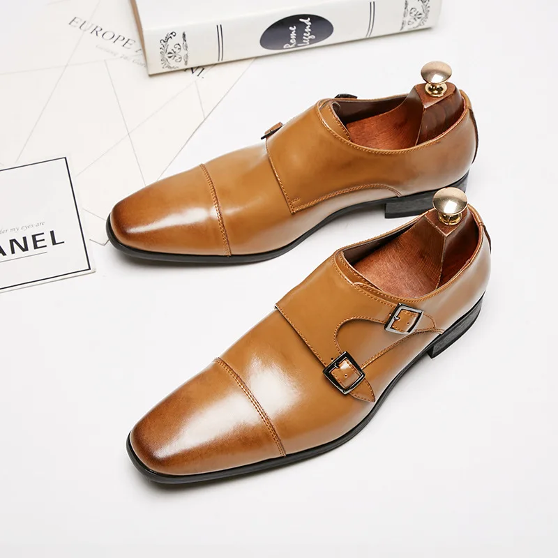 Luxury Men Loafers Shoes Double Monk Strap Slip on Pointed Toe For Men Office Wedding Dress Casual Shoes Leather casual shoes leather shoes