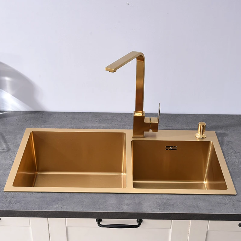 Gold kitchen sink double Sink Bowl Stainless Steel Kitchen Towel Basket Strainer Golden Washing Basin Kitchen Sinks