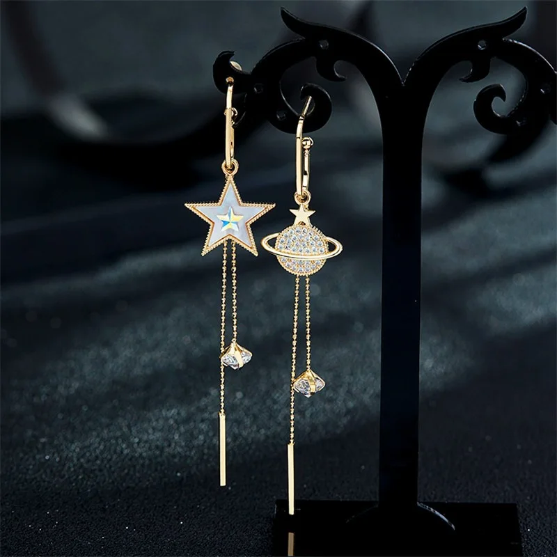 JWER New Trend Star Earth Long Tassel Dangle Earrings For Women Planet Crystal Statement Pendant Earrings Wedding Party Jewelry