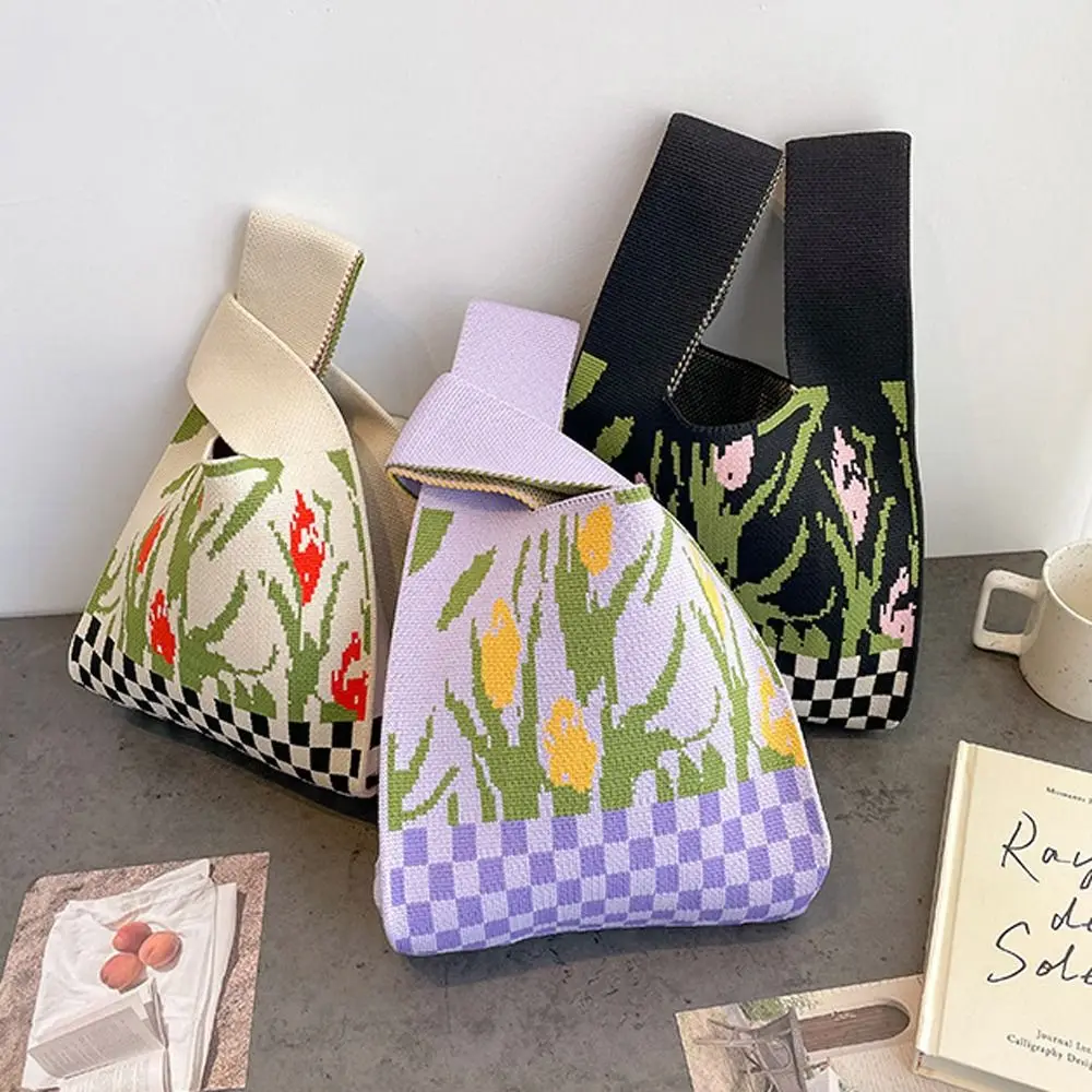 

Lunch Bag Makeup Lipstick Bag Flower Plaid Grid Lattice Knot Bag Small Stripe Handbag Tulip Knitted Wrist Bag Woven Tote Bag