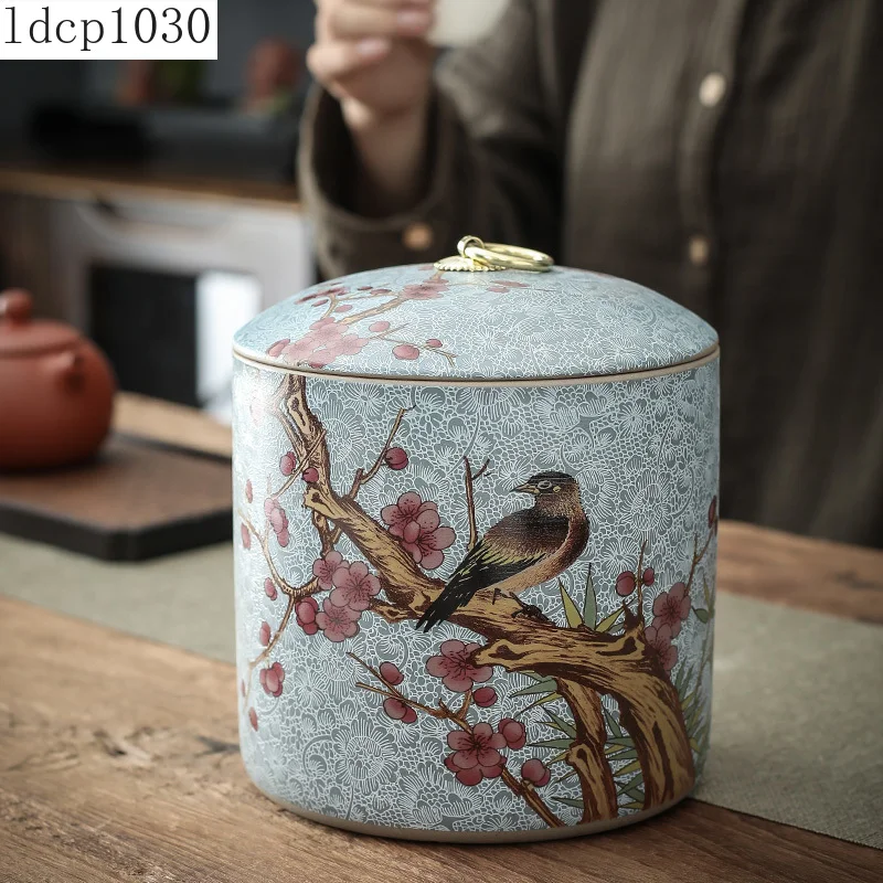 Chinese-style Tea Pot with Lid Moisture-proof Storage Tank Ceramic Sealed Storage Tank Home Retro Tea Box Living Room Decoration