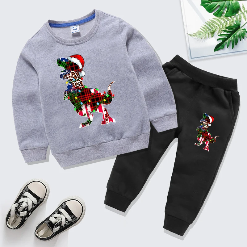 Winter Children's Clothing Sets Christmas Grid Dinosaur Pullover+Pants 2pc Set Cartoon Xmas Party Boys Girls Outfit Tracksuits