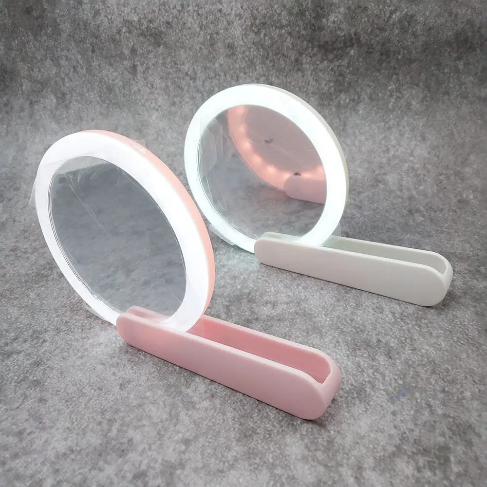 LED 로터리 스위치 메이크업 거울, 여성 핑크 화이트 USB 충전 귀여운 편리한 휴대용 럭셔리 라운드 개인 상표