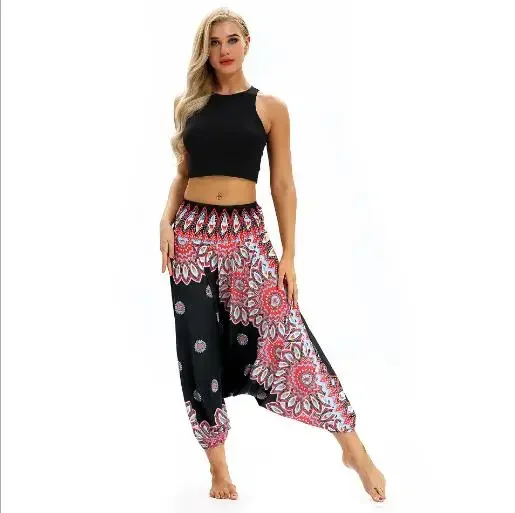 Pants Ladies Ethnic Print Autumn and Winter Hippie Trousers Elastic High Waist Pleated Lantern Sweatpants Women