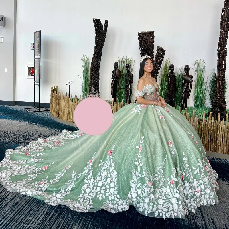 Luxe Groene Off Shoulder Baljurk Quinceanera Jurk 2024 Prinses Appliques Kant Kralen Tull Vestidos De 15 Años