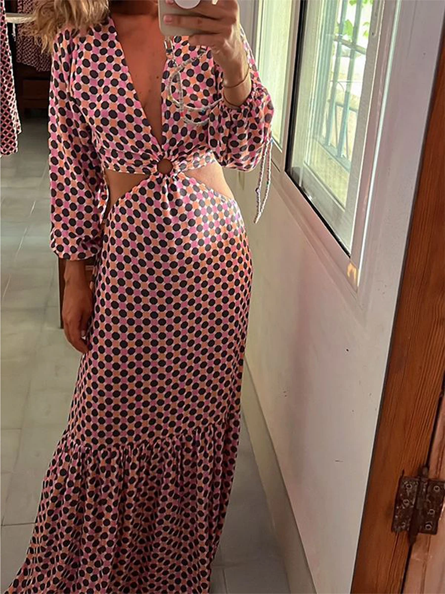 

Women Long Sleeve Dress Casual Dot Print Cutout Backless Party Long Dress for Beach Cocktail Club Streetwear