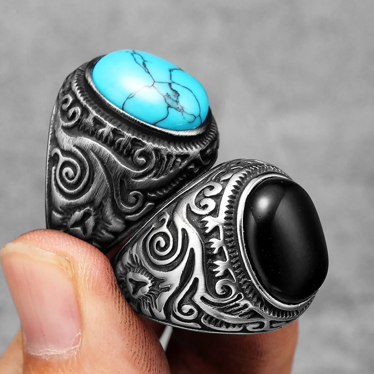 Vintage Black Turquoise Carved Stainless Steel Ring - Punk Rock Luxury Fashion Jewelry Accessory