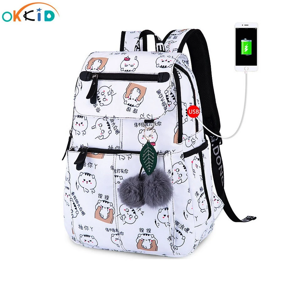 OKKID Mochilas de escuela con dibujo de gato niñas y niños, maletín escolar ordenador portátil con usb con bonita|Mochilas escolares| - AliExpress